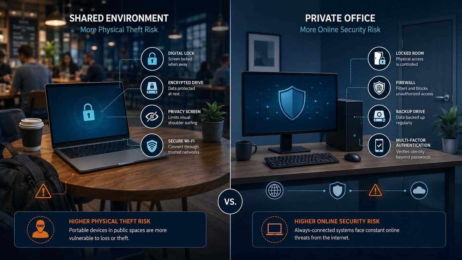 Laptop vs Desktop: Which Setup Is Right for You? 5 Laptop vs desktop security comparison showing physical theft and cybersecurity protections